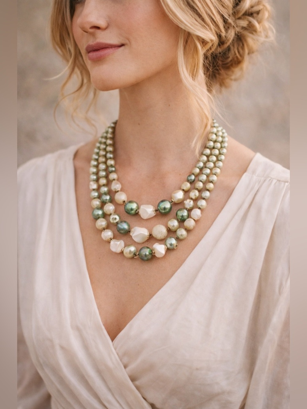 Vintage Japan Multi Strand Faux Pearl Necklace Green Cream Beaded